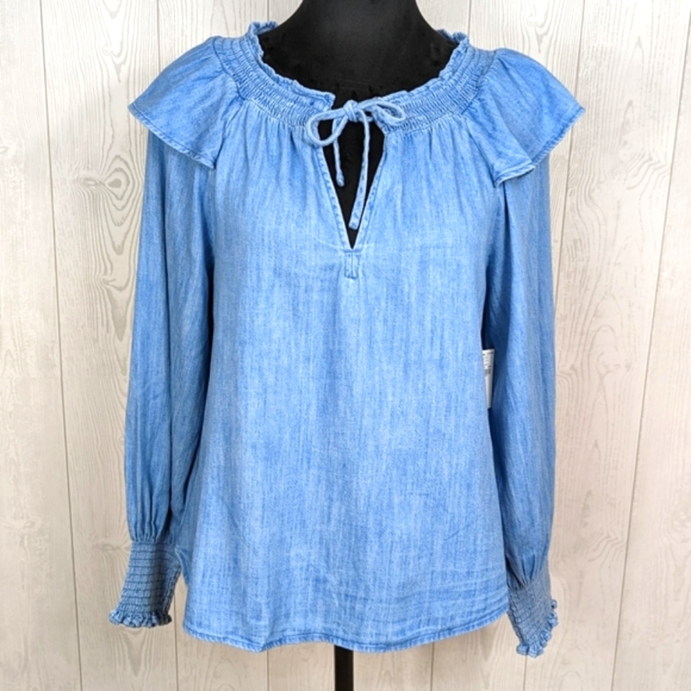 Old Navy Ruffle Trimmed Poet Blouse Women's Size Small Washed Denim Shirt